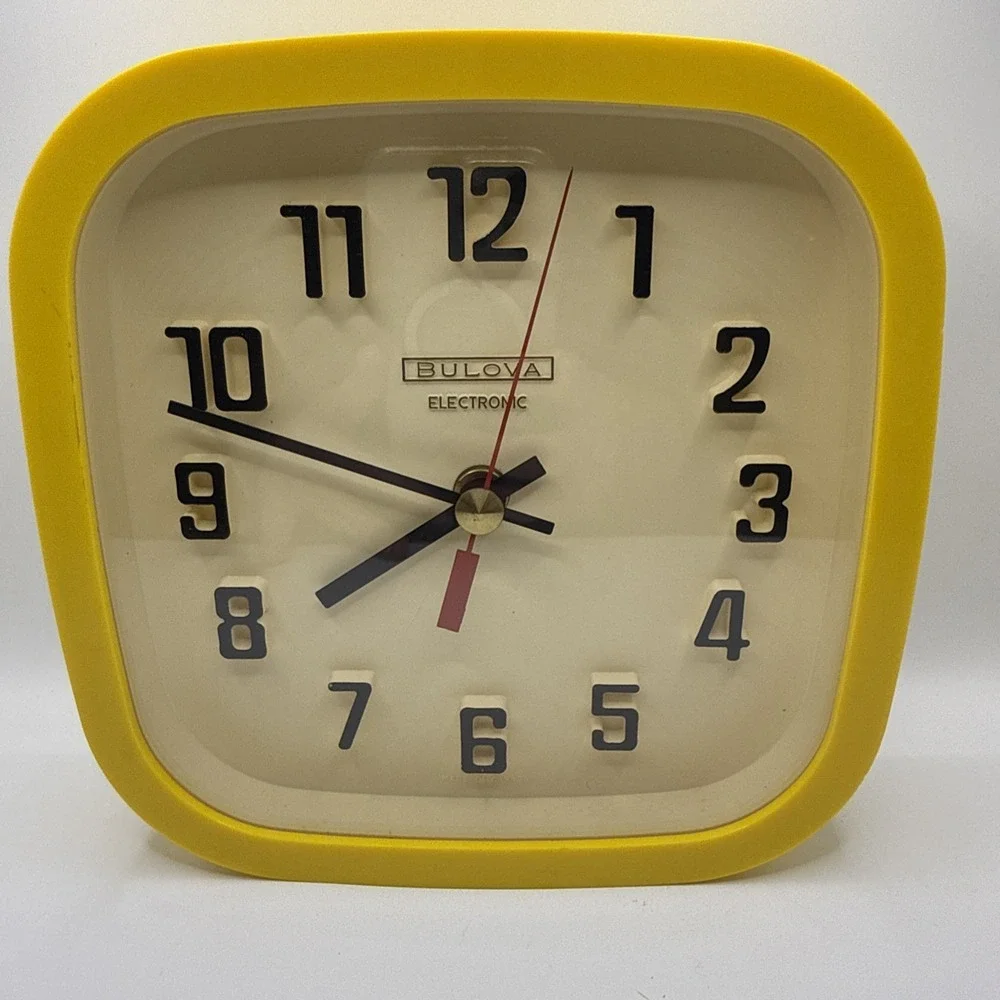 Vintage 60s Bulova Wall Clock Yellow Retro Mod Plastic Analog Battery Op Germany